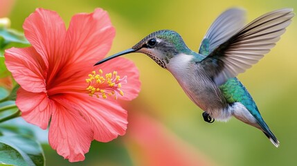 Fototapeta premium A hummingbird hovers in mid-air, its long beak extended to sip nectar from a vibrant pink hibiscus flower, against a soft green and yellow background.