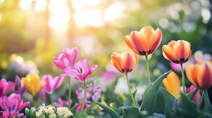 Vibrant Tulips in a Blooming Garden Scene