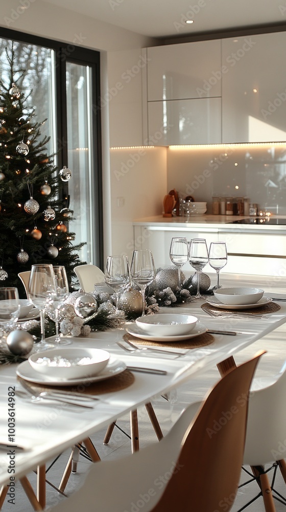 Poster a christmas tree is in the background of a dining room with a table full of silv