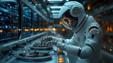 Fototapeta premium Astronaut in a futuristic control room