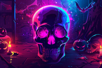 Neon glowing skull with vibrant colors cool halloween wallpapers

