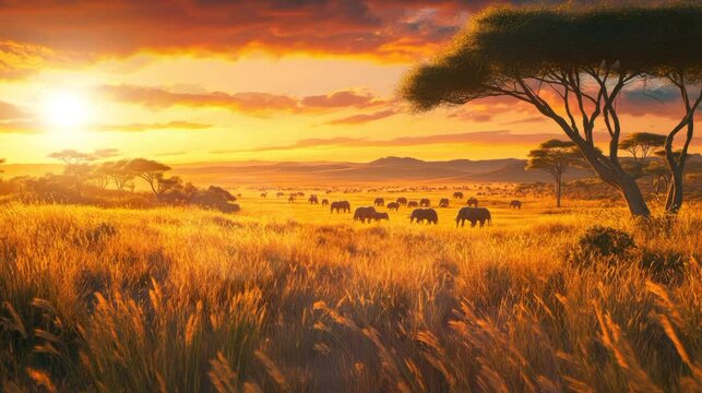 Golden African savanna sunset. Elephants graze in tall grass.