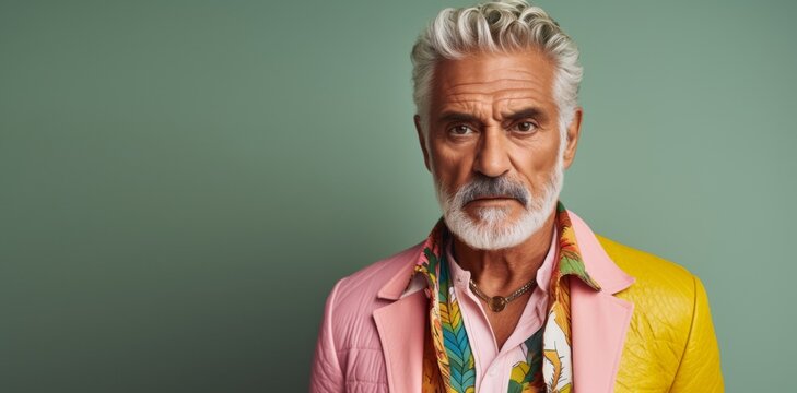 A man with a beard and gray hair is wearing a pink and yellow outfit