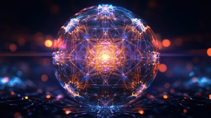 A mesmerizing holographic 3D shape with intricate geometric patterns and vibrant, shifting