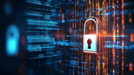 Digital lock sign over a binary code background, representing big data and encrypted computer code for enhanced internet security and privacy concepts in a 3D illustration