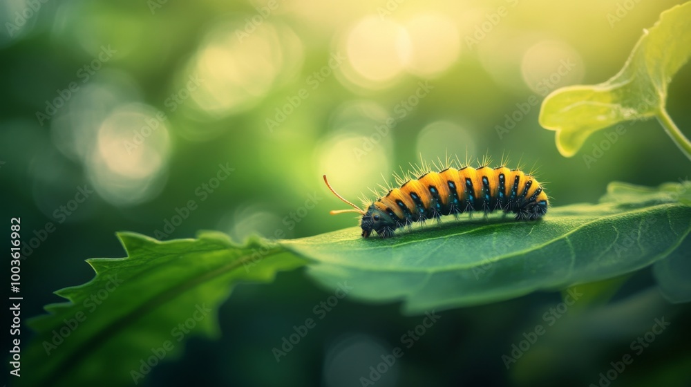 Poster a whimsical shot of a caterpillar crawling on a vibrant green leaf, with blurred background foliage,