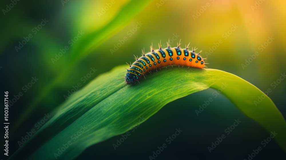 Poster a whimsical shot of a caterpillar crawling on a vibrant green leaf, with blurred background foliage,