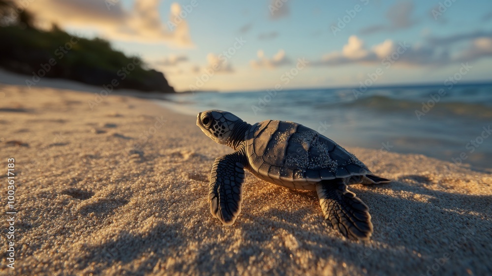 Poster A wide-angle view of a sea turtle hatchling making its way from the nest to the ocean, with a focus on the tiny turtle against a sandy beach backdrop.