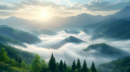 Obraz premium Misty Mountain Sunrise - A Stunning Landscape Photo