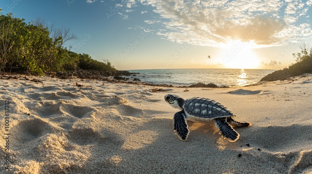 Poster A wide-angle view of a sea turtle hatchling making its way from the nest to the ocean, with a focus on the tiny turtle against a sandy beach backdrop.