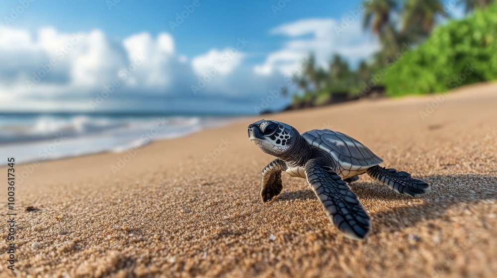 Poster A wide-angle view of a sea turtle hatchling making its way from the nest to the ocean, with a focus on the tiny turtle against a sandy beach backdrop.