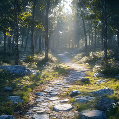Fototapeta premium Stone Path Through Forest Sun Rays Illustration