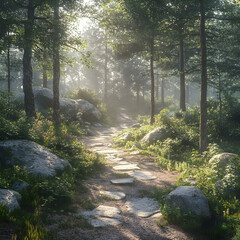 Sunbeams Through The Trees - A 3D Illustration of a Misty Forest Path