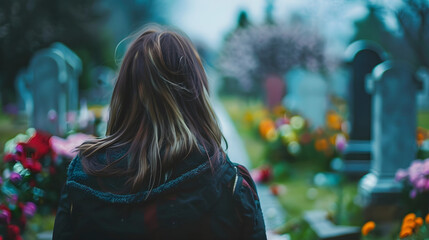 Solemn figure in black dress paying respects at a somber funeral service for a lost loved one.