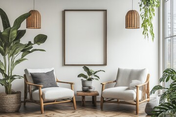 Two armchairs in room with white wall and big frame poster on it. Scandinavian style interior design of modern living room. Generative AI