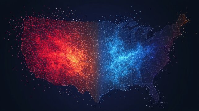 United States pixel dot map showing political division and partisanship through halftone stipple points, illustrating regional differences and voting patterns across the nation