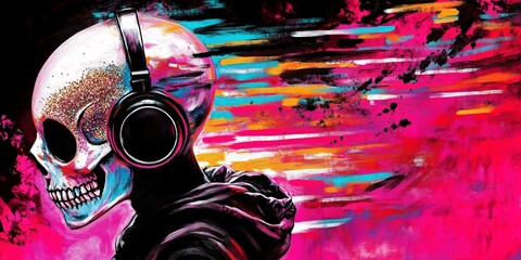 A glittery skull wearing a Black Hoody,  Wearing Headphones, Painting with neon colors,
