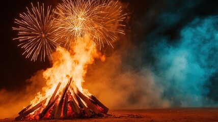 A bonfire beneath colorful fireworks, smoke adding texture to the night sky, bonfire night celebration, dark and smoky