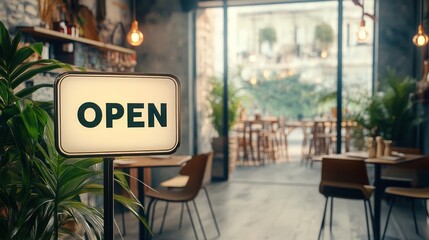 A cozy café interior featuring an "OPEN" sign, inviting customers inside.
