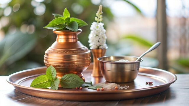 Copper Kalash, Glass, Spoon, and Plate Used by Brahmins After Sacred Thread Ceremony for Sandhya Vandanam or Sandhya Kriya, Arranged Over a Clay Background with Tulsi Leaves and Flowers






