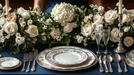 Elegant dining table set with floral centerpiece and fine china for a formal occasion.