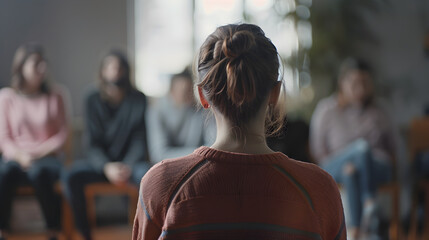 Man in blue shirt sits with diverse group in circle at addiction support group meeting.