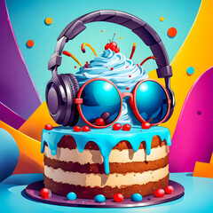 illustration of Cake with headphones and sunglasses on the abstract background.