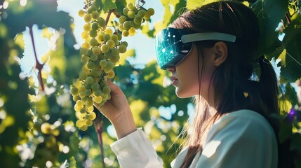 A woman in VR goggles examines grapes in a vineyard, blending technology with agriculture.