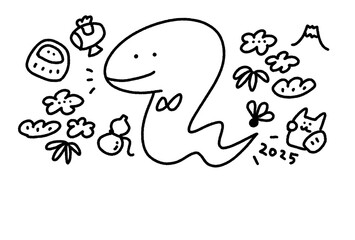 蛇と日本の正月の縁起物のイラスト　年賀状素材　2025 線画