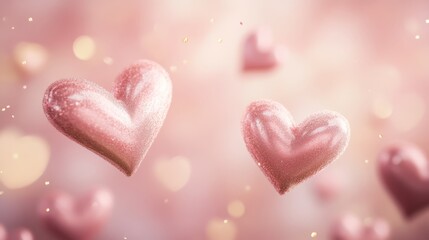 Obraz premium Romantic blush pink with floating heart shapes and a touch of golden sparkle, creating a charming Valentine Day background