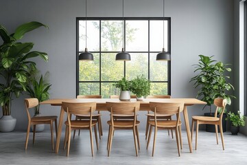 Obraz premium Interior design of modern dining room, dining table and wooden chairs. 3d rendering, Generative AI