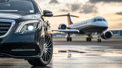 A luxury car parked near a private jet on an airport runway at sunset.