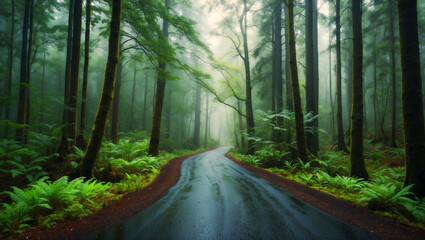 Obraz premium Lush green ferns and towering trees line a foggy winding road through the heart of a mystical forest