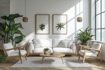 White sofa and armchairs in scandinavian style home interior design of modern living room, Generative AI