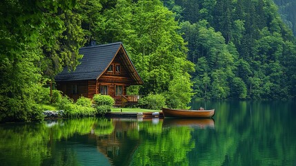A serene lakeside scene featuring a cabin, boat, and lush greenery. 