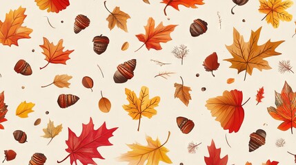 A painting of autumn leaves and acorns