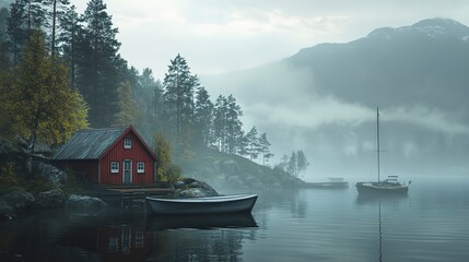 Fototapeta premium A serene coastal scene featuring a red cabin, boats, and a misty atmosphere. 