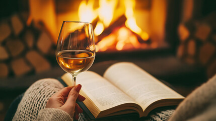 Cozy evening relaxation with glass of wine by fireplace