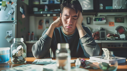 Fototapeta premium Individual in debt, surrounded by stacks of bills, looking stressed and overwhelmed by financial hardships.