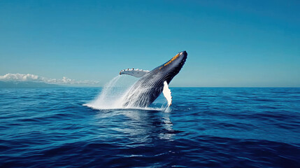 Fototapeta premium A majestic whale breaches the surface of the ocean, showcasing its powerful form against a clear blue sky.