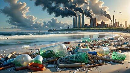 Contaminación en la playa. Muestra mucha basura en la orilla de la playa, y al fondo humo saliendo de construcciones industriales 