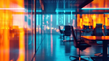 Fototapeta premium A modern office space illuminated with vibrant colors and reflections.