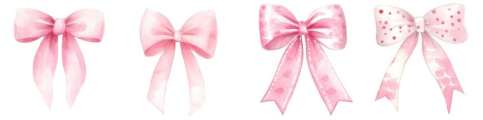 Watercolor pink ribbon bow element set available in PNG cut-out style.
