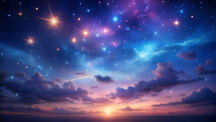 Vibrant starry sky over clouds at colorful sunrise