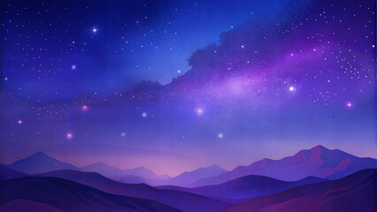 Fototapeta premium Purple starry night sky over mountain landscape
