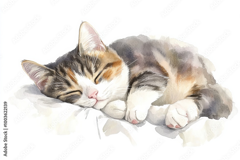 Poster a cozy cat peacefully sleeping on a soft bedspread against a serene white background during the afte
