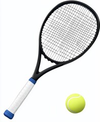 Tennis racket and ball sticker in PNG format, ideal for showcasing sports equipment with a clear background.