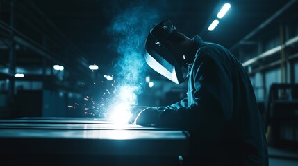 Fototapeta premium Welding process at night in an industrial workshop with bright blue sparks illuminating the workspace and a worker in protective gear