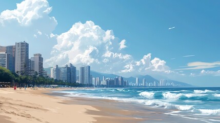 A beach with a big city in the background 