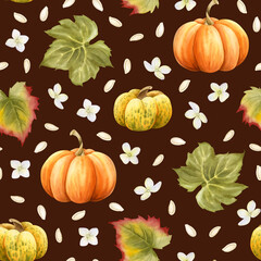 Orange yellow pumpkins with green leaves and white hydrangea flowers watercolor seamless pattern on dark brown. Hand drawn autumn harvest background for October Thanksgiving day greeting designs